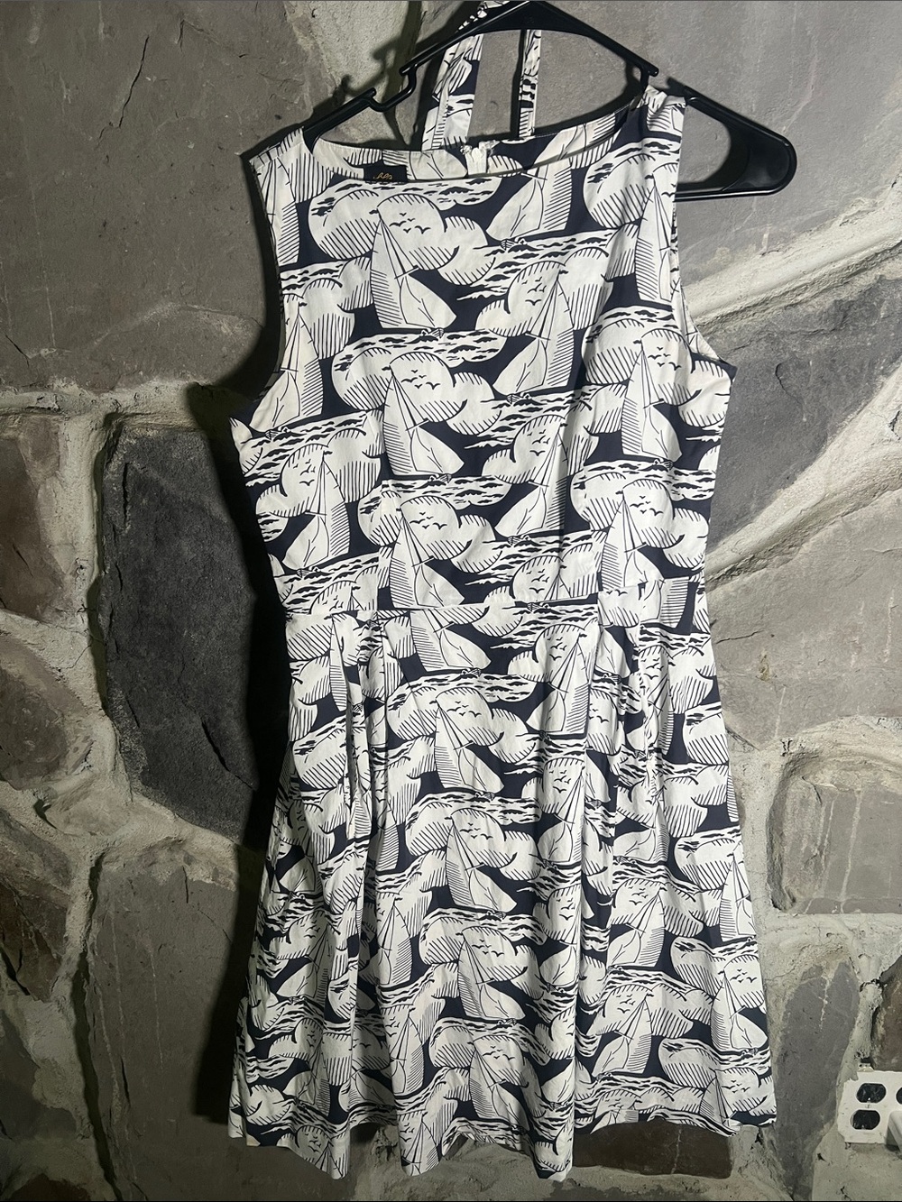 L.L. Bean Navy and White Sleeveless Sail-Print Fit-and-Flare Dress